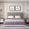 Lit 140x200 cm avec rangement hydraulique et éclairage LED, tapissé simili cuir gris, cadre métal robuste