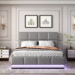 Lit 140x200 cm avec rangement hydraulique et éclairage LED, tapissé simili cuir gris, cadre métal robuste