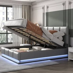 Lit 140x200 cm avec rangement hydraulique et éclairage LED, tapissé simili cuir gris, cadre métal robuste