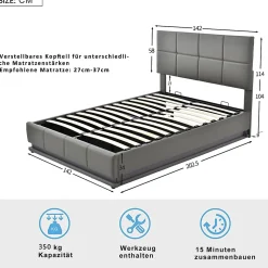 Lit 140x200 cm avec rangement hydraulique et éclairage LED, tapissé simili cuir gris, cadre métal robuste