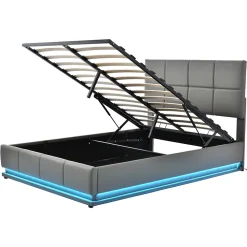 Lit 140x200 cm avec rangement hydraulique et éclairage LED, tapissé simili cuir gris, cadre métal robuste