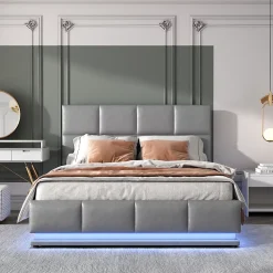 Lit 140x200 cm avec rangement hydraulique et éclairage LED, tapissé simili cuir gris, cadre métal robuste