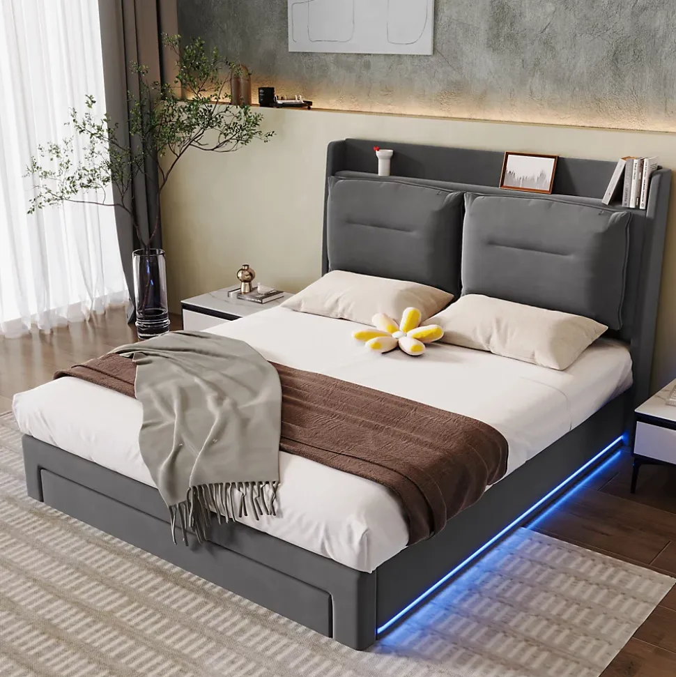 Lit 160x200 cm avec rangement hydraulique, tiroirs 2-en-1, LED intégrées et tête rembourrée en velours gris