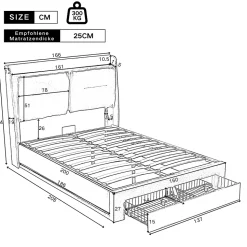 Lit 160x200 cm avec rangement hydraulique, tiroirs 2-en-1, LED intégrées et tête rembourrée en velours gris