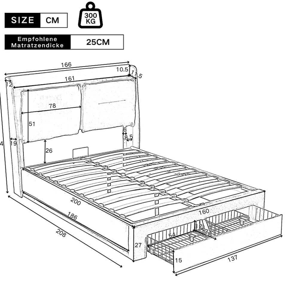 Lit 160x200 cm avec rangement hydraulique, tiroirs 2-en-1, LED intégrées et tête rembourrée en velours gris