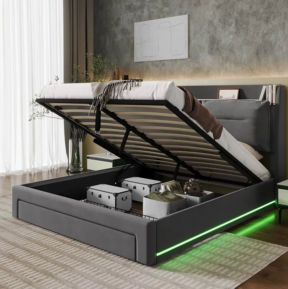 Lit 160x200 cm avec rangement hydraulique, tiroirs 2-en-1, LED intégrées et tête rembourrée en velours gris