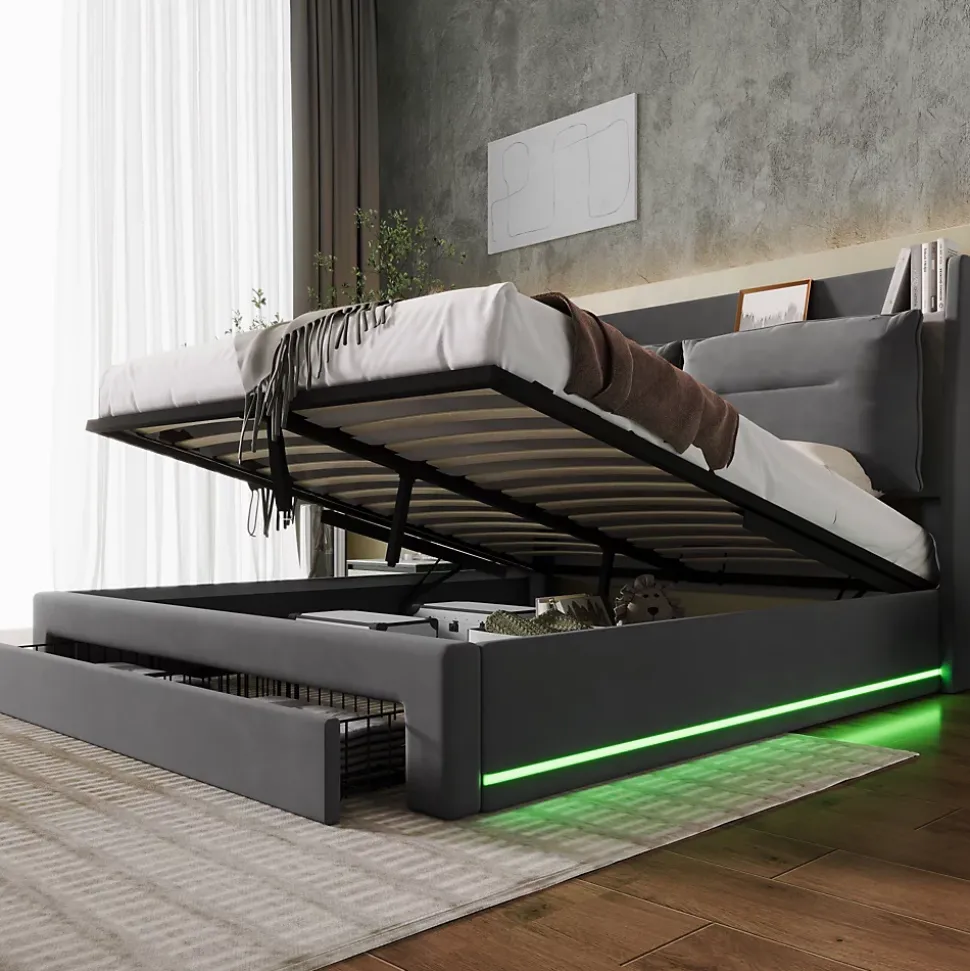 Lit 160x200 cm avec rangement hydraulique, tiroirs 2-en-1, LED intégrées et tête rembourrée en velours gris