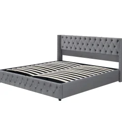 Lit 160x200 cm avec rangement hydraulique et tête de lit capitonnée en velours gris, cadre bois et structure métal