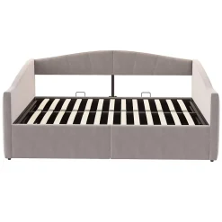 Lit 140x200 cm avec rangement hydraulique et revêtement velours gris clair, convertible, design contemporain