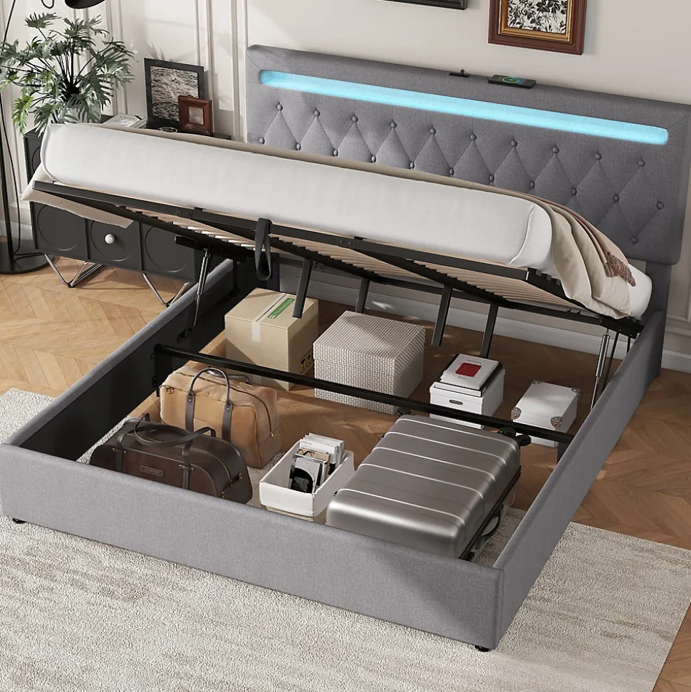 Lit 180x200 cm avec rangement hydraulique et tête de lit tapissée en lin gris, éclairage LED pilotable