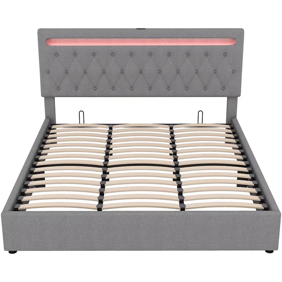 Lit 180x200 cm avec rangement hydraulique et tête de lit tapissée en lin gris, éclairage LED pilotable