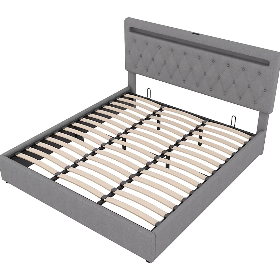 Lit 180x200 cm avec rangement hydraulique et tête de lit tapissée en lin gris, éclairage LED pilotable