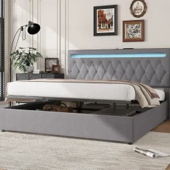 Lit 180x200 cm avec rangement hydraulique et tête de lit tapissée en lin gris, éclairage LED pilotable