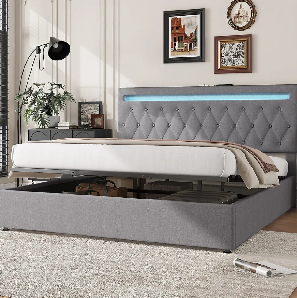 Lit 180x200 cm avec rangement hydraulique et tête de lit tapissée en lin gris, éclairage LED pilotable