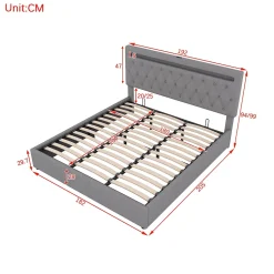 Lit 180x200 cm avec rangement hydraulique et tête de lit tapissée en lin gris, éclairage LED pilotable