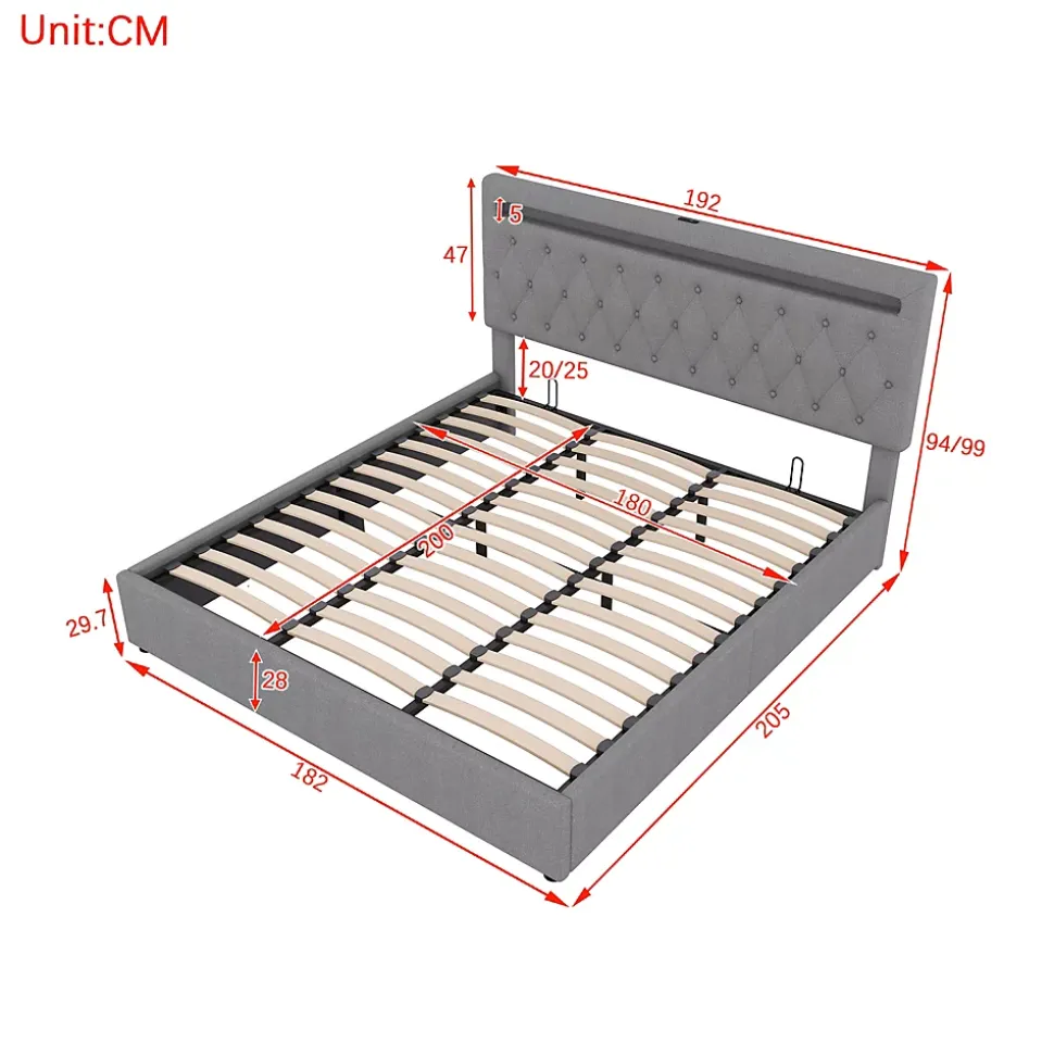 Lit 180x200 cm avec rangement hydraulique et tête de lit tapissée en lin gris, éclairage LED pilotable