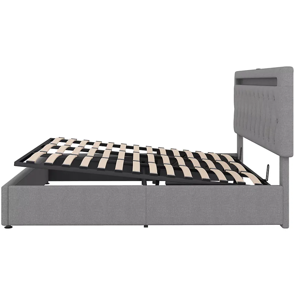 Lit 180x200 cm avec rangement hydraulique et tête de lit tapissée en lin gris, éclairage LED pilotable