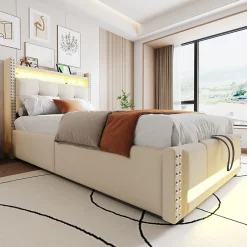 Lit 90x200 cm avec rangement hydraulique, tête de lit étagères, LED multicolore et prise USB, tapissé lin beige
