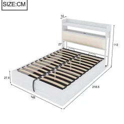 Lit 140x200 cm avec rangement hydraulique intégré, tête de lit rembourrée et cadre métal bois blanc vintage