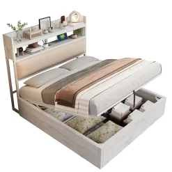 Lit 140x200 cm avec rangement hydraulique intégré, tête de lit rembourrée et cadre métal bois blanc vintage