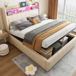 Lit 140x200 cm avec rangement hydraulique et tête de lit LED, revêtu de lin beige au design contemporain