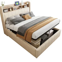 Lit 140x200 cm avec rangement hydraulique et tête de lit LED, revêtu de lin beige au design contemporain