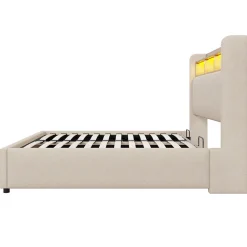 Lit 140x200 cm avec rangement hydraulique et tête de lit LED, revêtu de lin beige au design contemporain