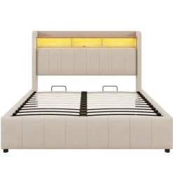Lit 140x200 cm avec rangement hydraulique et tête de lit LED, revêtu de lin beige au design contemporain