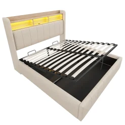 Lit 140x200 cm avec rangement hydraulique et tête de lit LED, revêtu de lin beige au design contemporain
