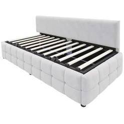 Lit 90x200 cm avec rangement hydraulique, tapissé velours gris clair, sans accoudoirs, design moderne