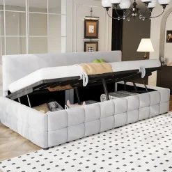 Lit 90x200 cm avec rangement hydraulique, tapissé velours gris clair, sans accoudoirs, design moderne