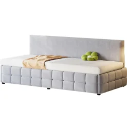 Lit 90x200 cm avec rangement hydraulique, tapissé velours gris clair, sans accoudoirs, design moderne