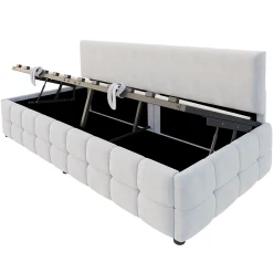 Lit 90x200 cm avec rangement hydraulique, tapissé velours gris clair, sans accoudoirs, design moderne