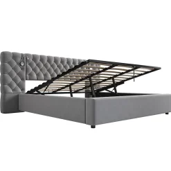 Lit 180x200 cm avec rangement hydraulique, tête de lit capitonnée en velours gris et liseuse intégrée