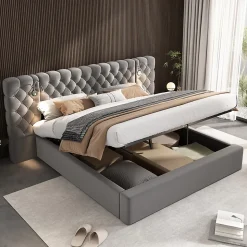 Lit 180x200 cm avec rangement hydraulique, tête de lit capitonnée en velours gris et liseuse intégrée