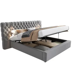 Lit 180x200 cm avec rangement hydraulique, tête de lit capitonnée en velours gris et liseuse intégrée