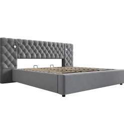 Lit 180x200 cm avec rangement hydraulique, tête de lit capitonnée en velours gris et liseuse intégrée