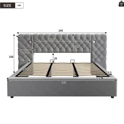 Lit 180x200 cm avec rangement hydraulique, tête de lit capitonnée en velours gris et liseuse intégrée