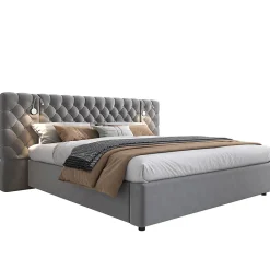 Lit 180x200 cm avec rangement hydraulique, tête de lit capitonnée en velours gris et liseuse intégrée