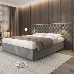 Lit 180x200 cm avec rangement hydraulique, tête de lit capitonnée en velours gris et liseuse intégrée