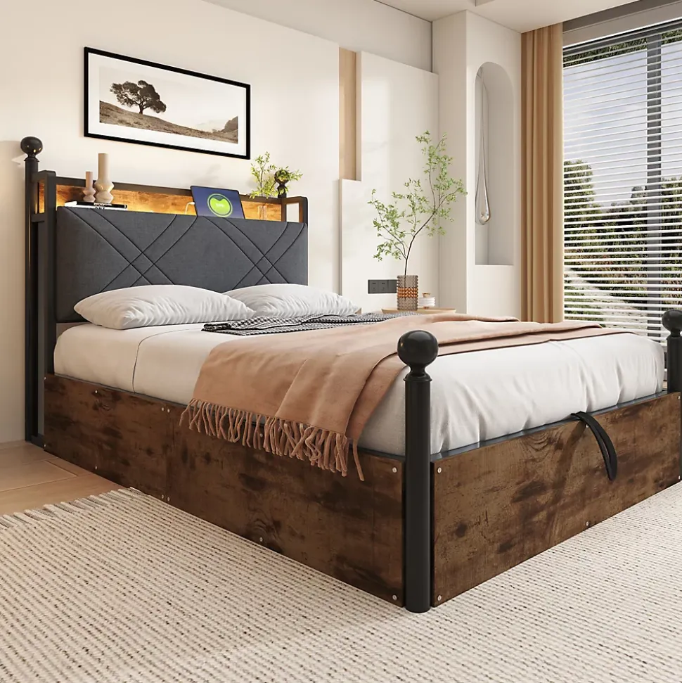 Lit 90x190 cm avec rangement hydraulique, cadre métal noir, éclairage LED intégré et ports USB/Type-C