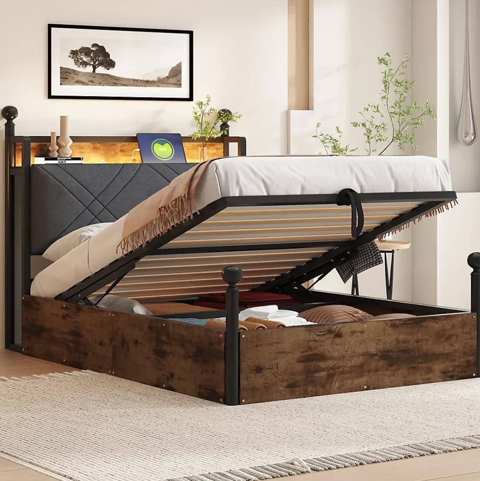 Lit 90x190 cm avec rangement hydraulique, cadre métal noir, éclairage LED intégré et ports USB/Type-C