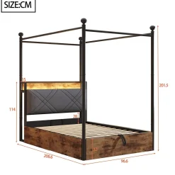 Lit 90x190 cm avec rangement hydraulique, cadre métal noir, éclairage LED intégré et ports USB/Type-C