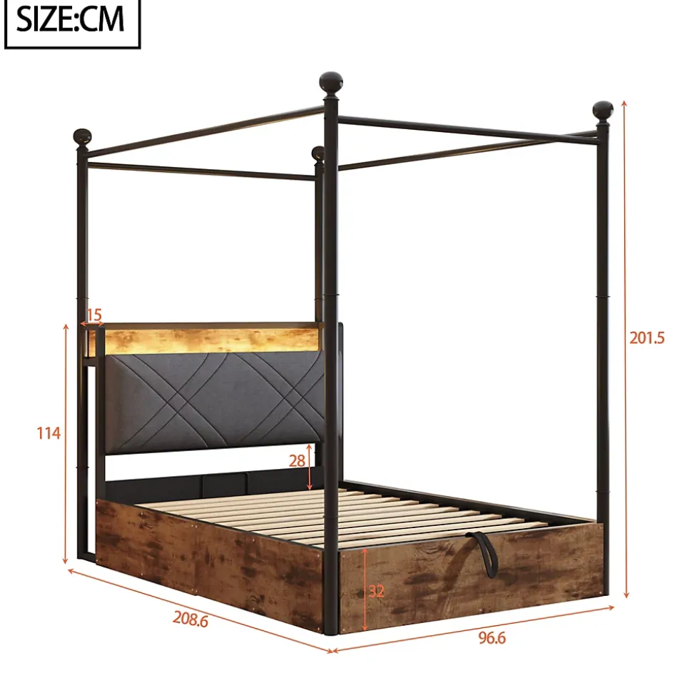 Lit 90x190 cm avec rangement hydraulique, cadre métal noir, éclairage LED intégré et ports USB/Type-C