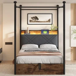 Lit 90x190 cm avec rangement hydraulique, cadre métal noir, éclairage LED intégré et ports USB/Type-C