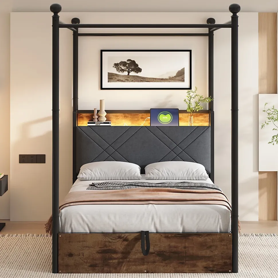 Lit 90x190 cm avec rangement hydraulique, cadre métal noir, éclairage LED intégré et ports USB/Type-C