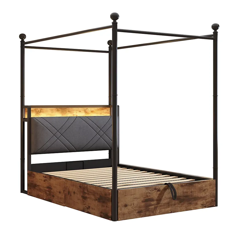 Lit 90x190 cm avec rangement hydraulique, cadre métal noir, éclairage LED intégré et ports USB/Type-C