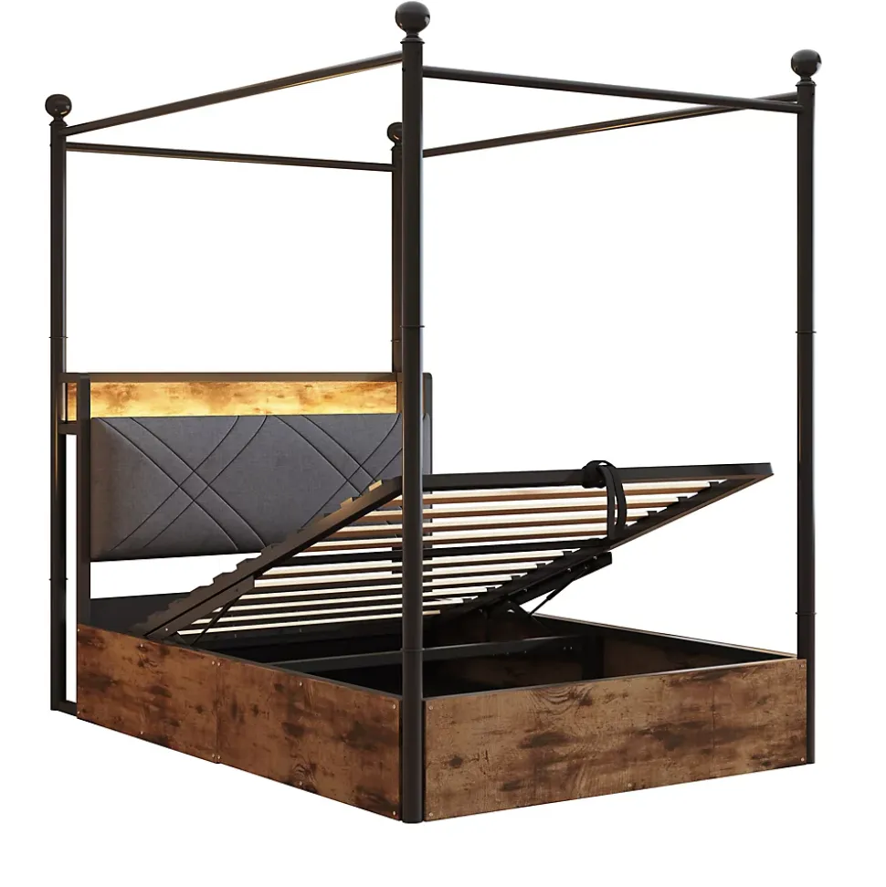 Lit 90x190 cm avec rangement hydraulique, cadre métal noir, éclairage LED intégré et ports USB/Type-C