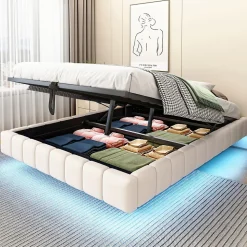 Lit 140x200 cm avec rangement hydraulique et bande LED multicolore, tapissé lin beige, effet flottant design