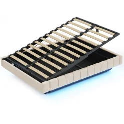 Lit 140x200 cm avec rangement hydraulique et bande LED multicolore, tapissé lin beige, effet flottant design